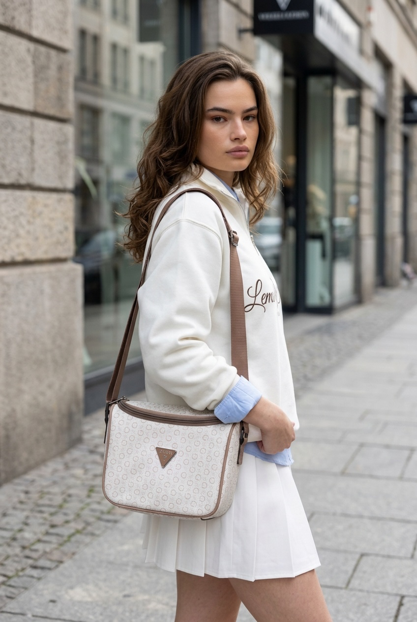 Lonchera Guess beige con monogram camel