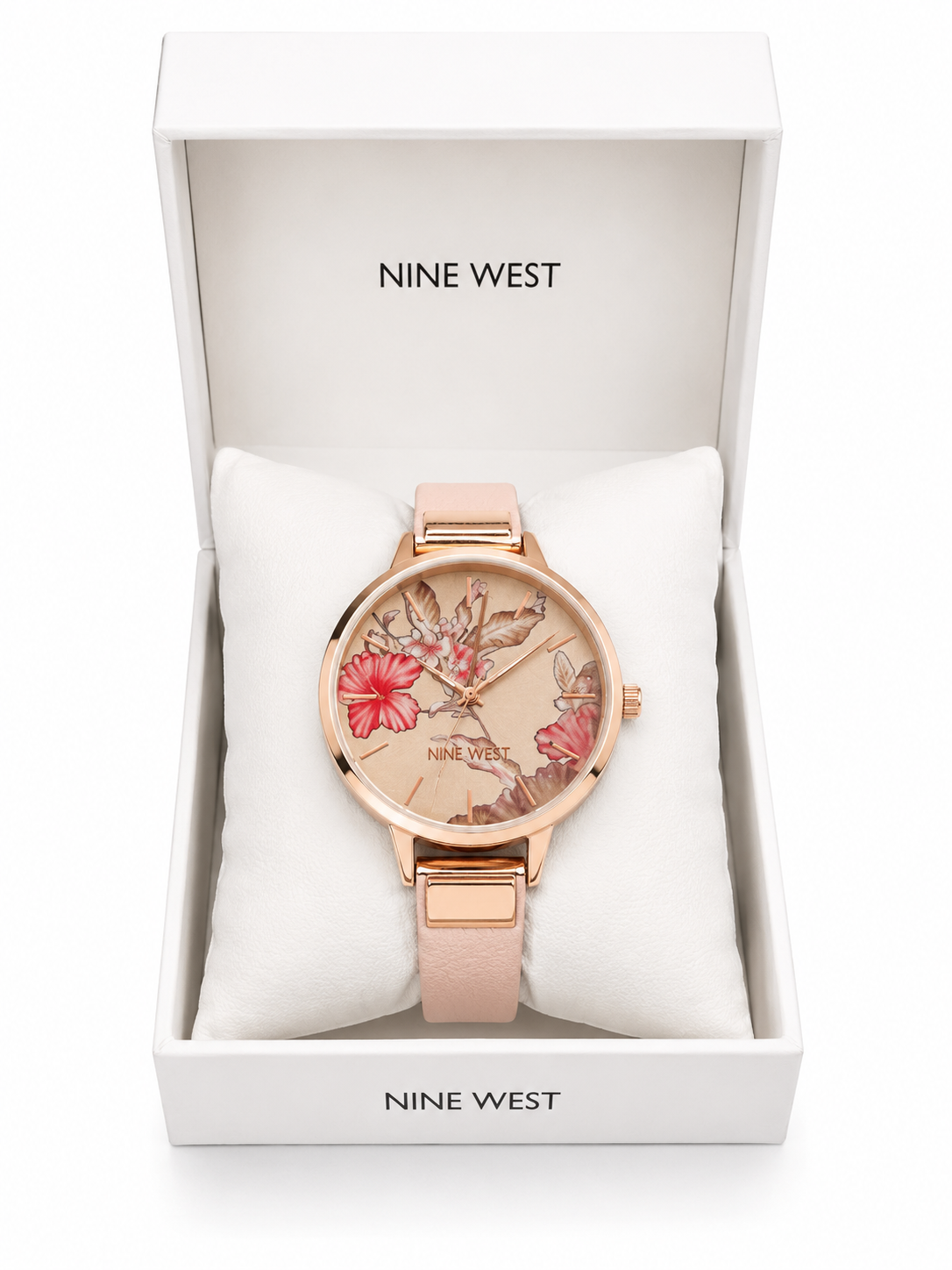 Reloj Nine West rosa con rose gold flores al interior