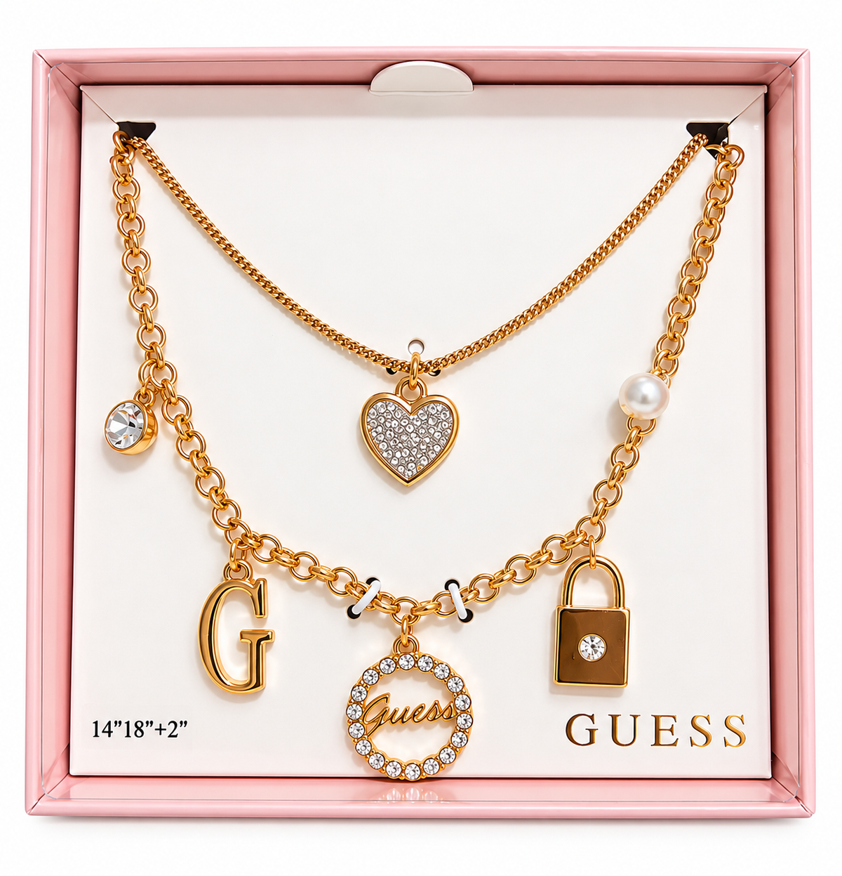 Collar Doble Guess Dorado con Dijes de Corazón, Candado y Cristales para Mujer