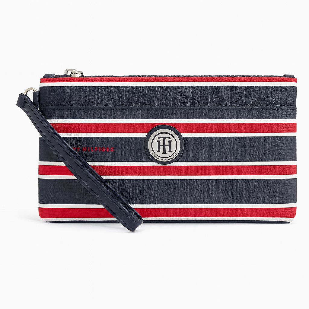 Muñequito Tommy H azul marino, rojo, blanco de líneas y strap placa plateada