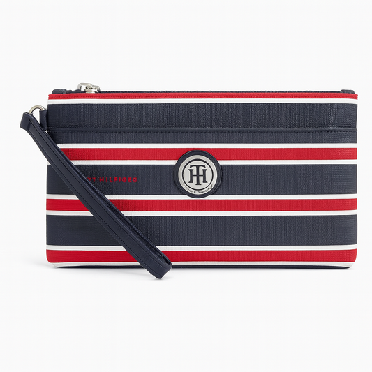 Muñequera Tommy H azul marino, rojo, blanco de líneas y strap placa plateada