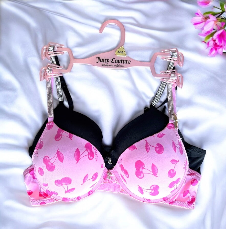 Brasier Juicy C rosa con cerezas, negro, piedritas en tirantes y dije 2pzs