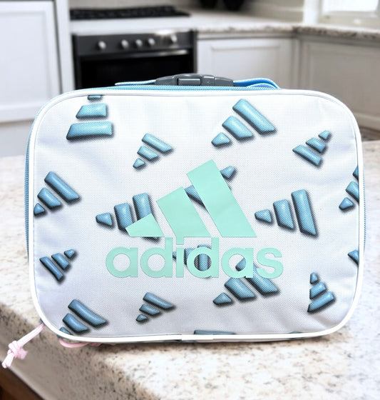 Lonchera Adidas blanca, logo de monogram azul