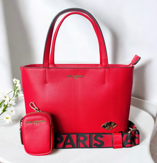 Tote Karl L roja chica con herrajes dorados y strap