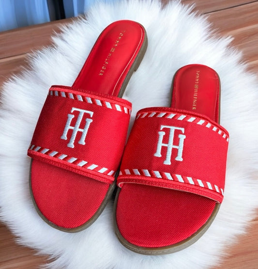 Sandalias Tommy H rojas con detalles en blanco y TH bordada