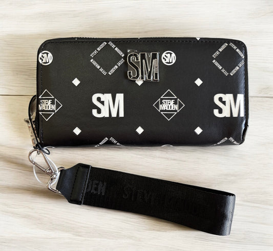 Cartera Steve M negra con monogram blanco ystrap grabado y placa negra
