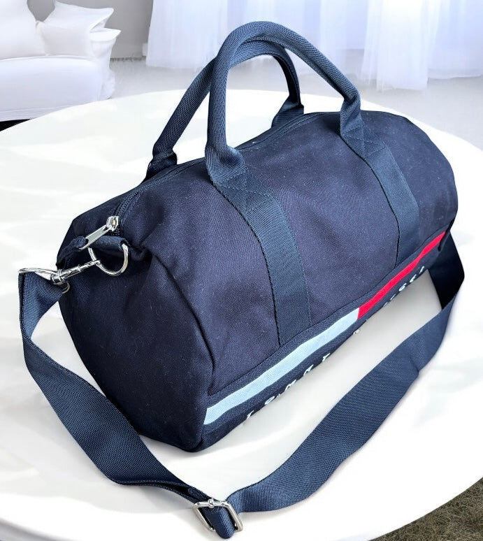 Maleta Tommy H pequeña azul marino pequeña, línea delgada rojo/blanco con strap