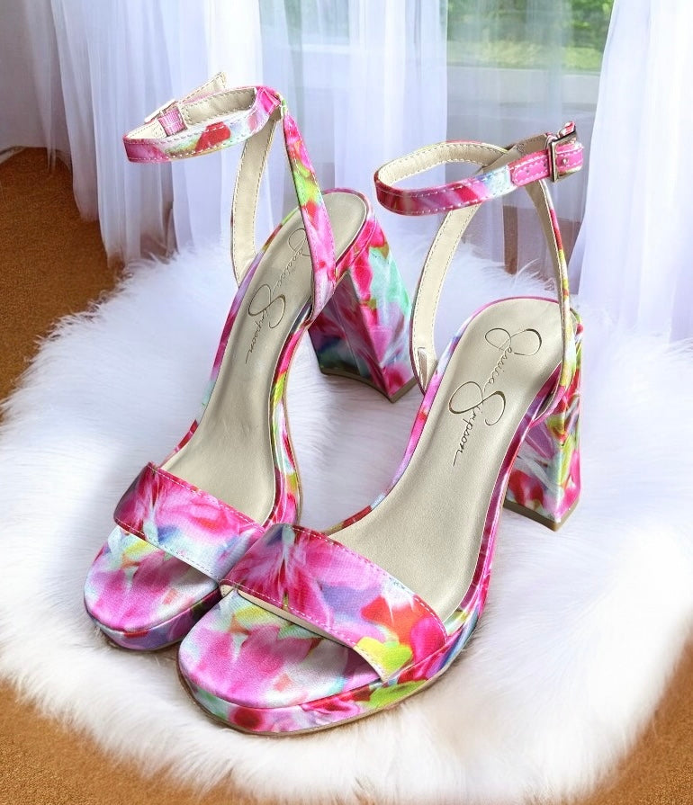 Sandalias Jessica S rosa floreadas, tacón ancho y pulsera de tobillo