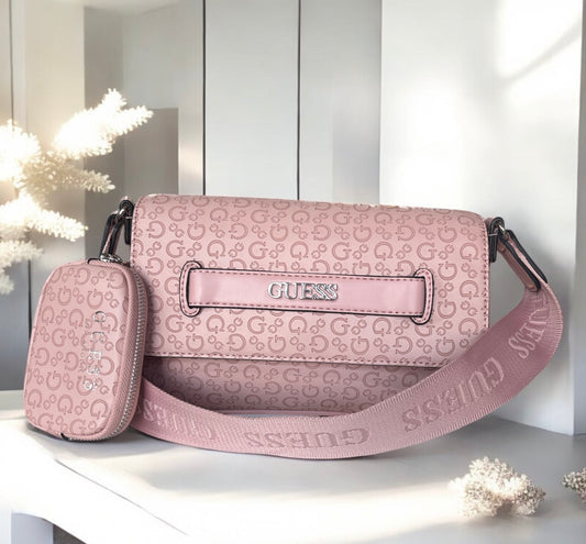 Crossbody Guess rosa con monogram, strap grabado y monedero