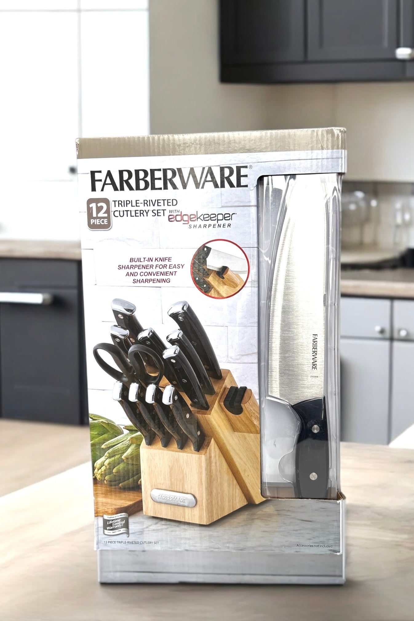 Set de cuchillos Ferberware, negros con afilador de cuchillos integrado en la base