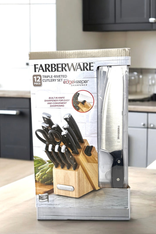 Set de cuchillos Ferberware, negros con afilador de cuchillos integrado en la base