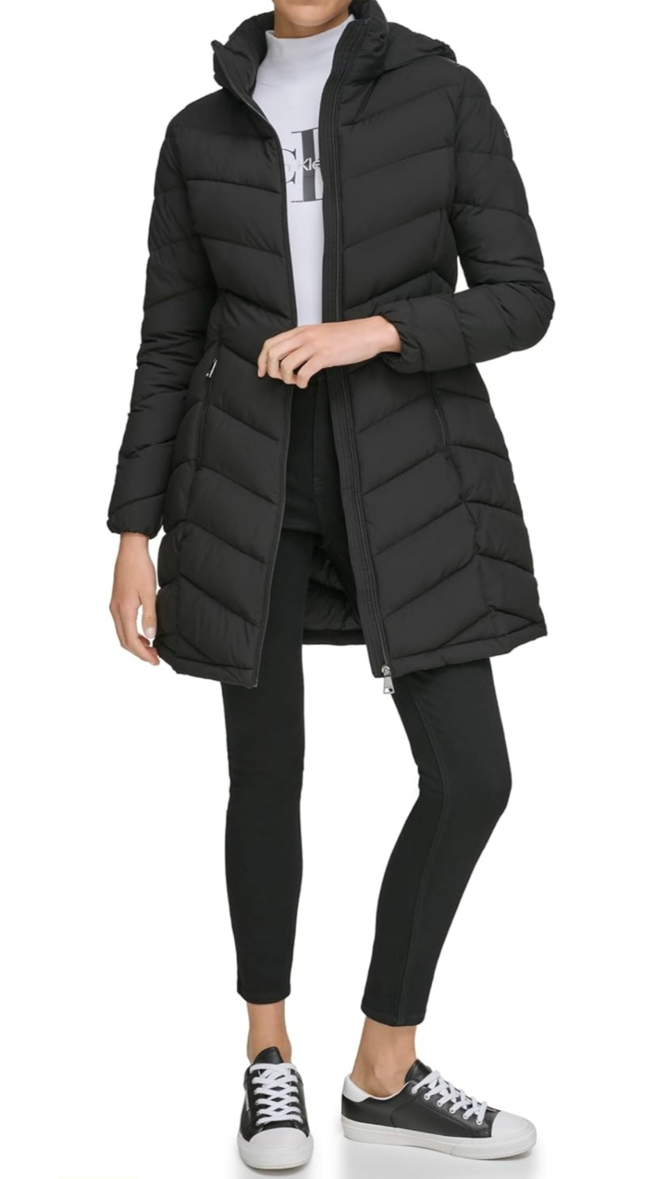 Chamarra Calvin K negra larga con gorro
