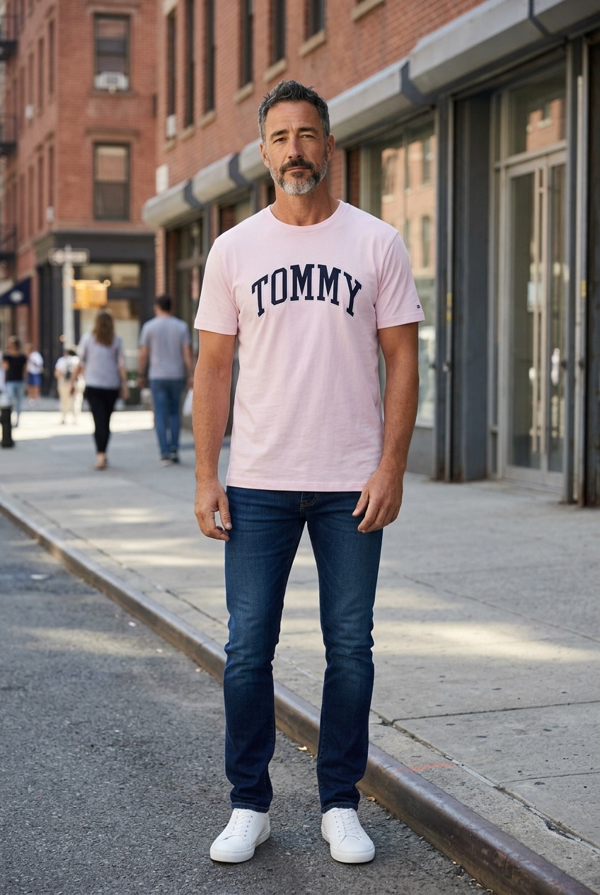 Playera Tommy H rosa letras azul marino