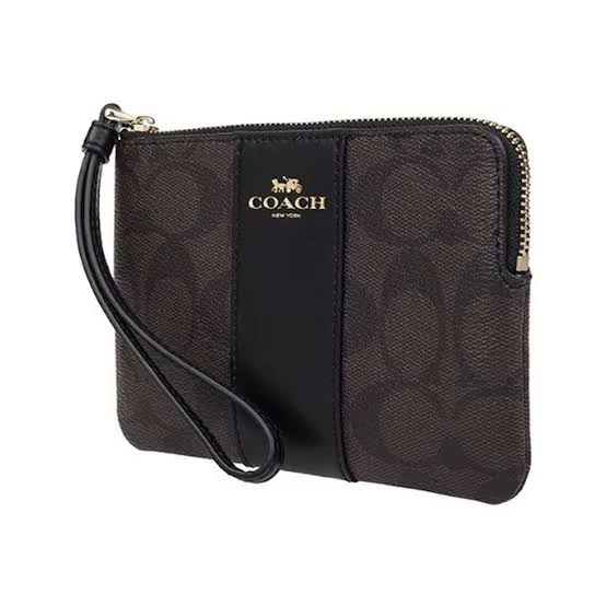 Muñequera Coach chocolate/negro, monogram y strap
