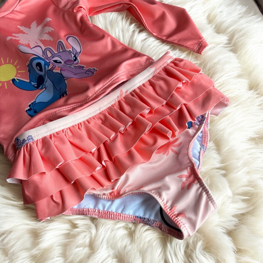 Traje de baño Disney niña coral Stitch 2pzs playerita manga larga, olanes en bikini