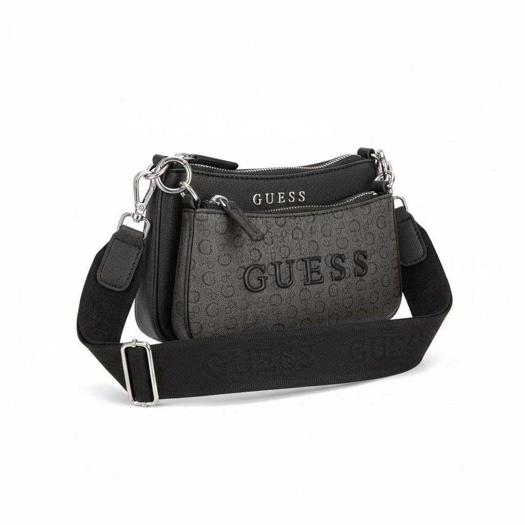 Crossbody Guess negra 2 pz con strap grabado