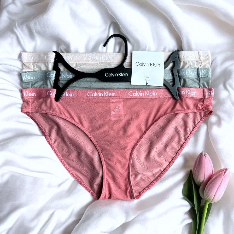Panties Calvin k rosa, gris y durazno con transparencia y monogram 3pzs