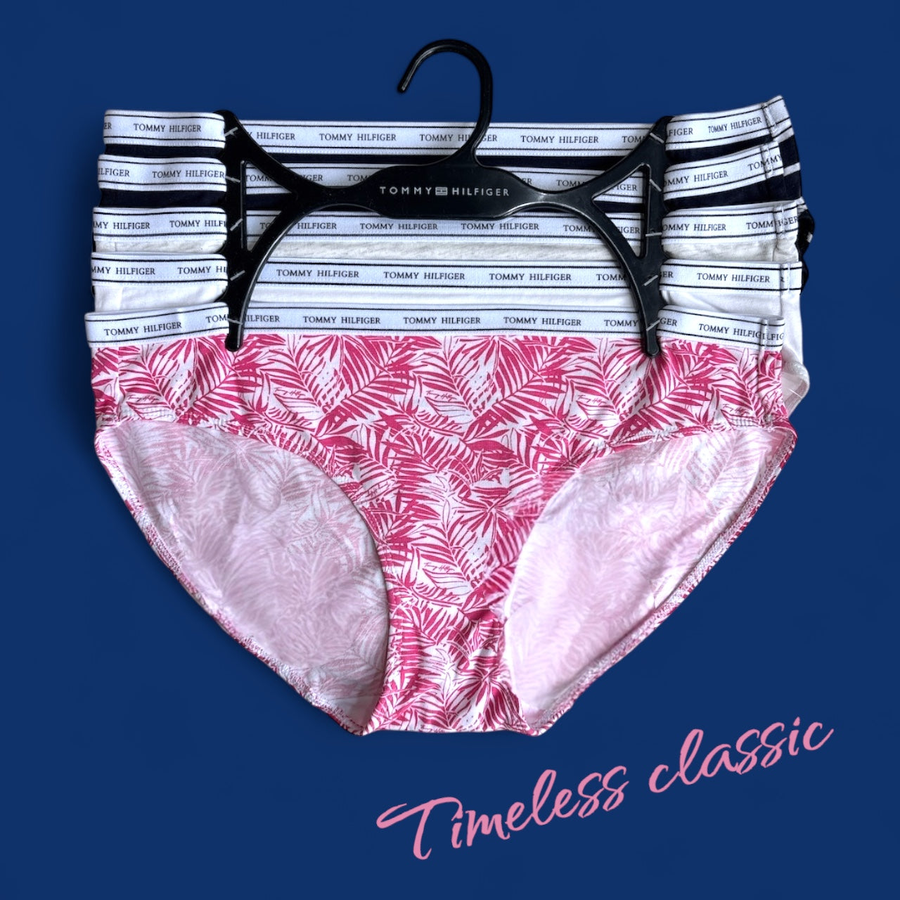 Panties Tommy H varios colores, resorte blanco con letras negras 5pzs