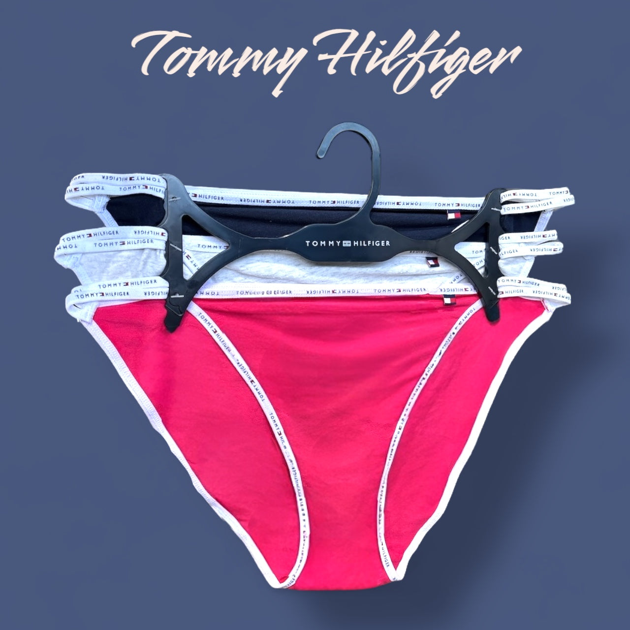 Panties Tommy H rosa, gris, azul marino contorno blanco y detalle de dos resortes delgados en cintura 3pz