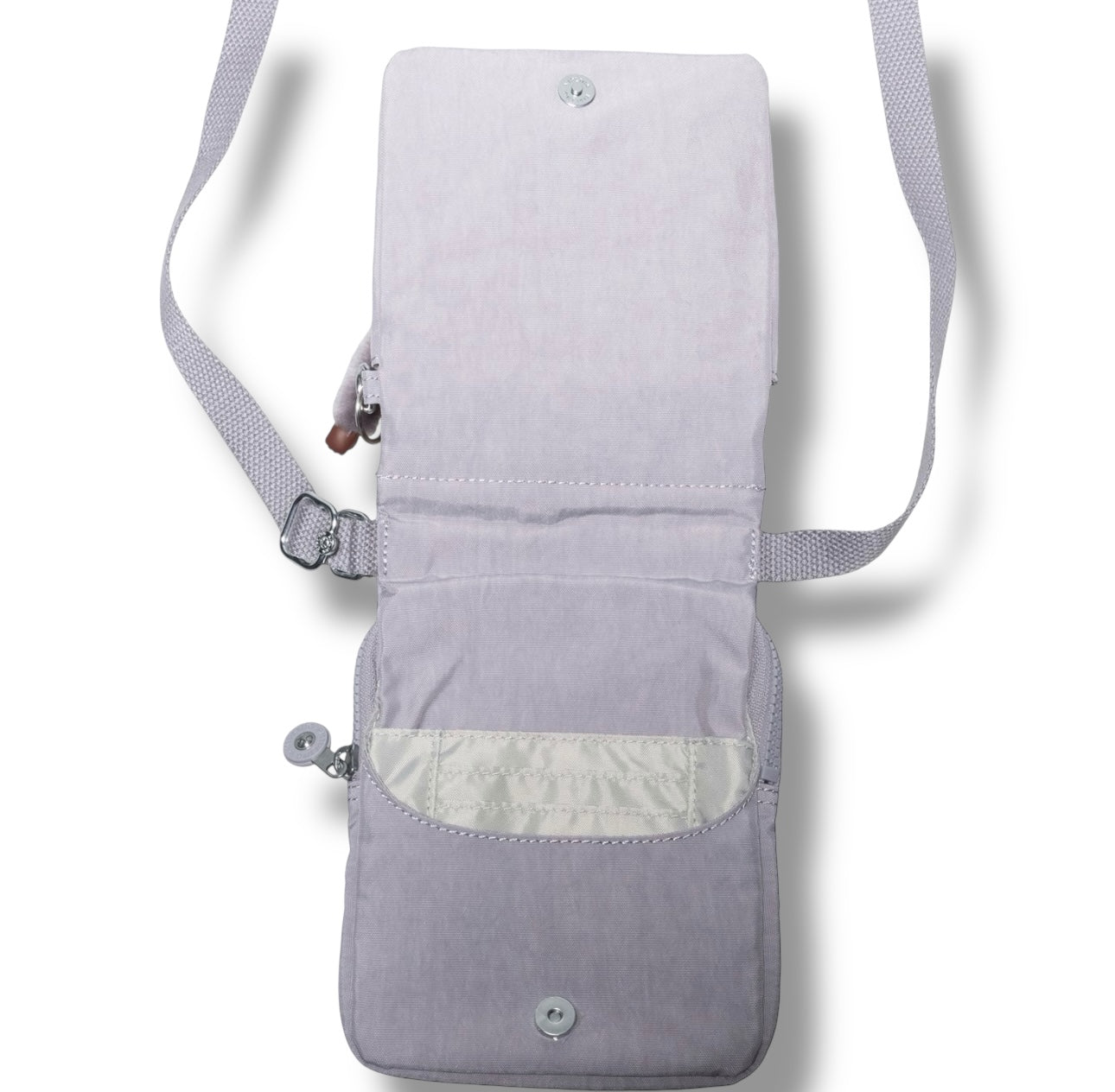 Crossbody Kipling Dove Grey lila con changuito