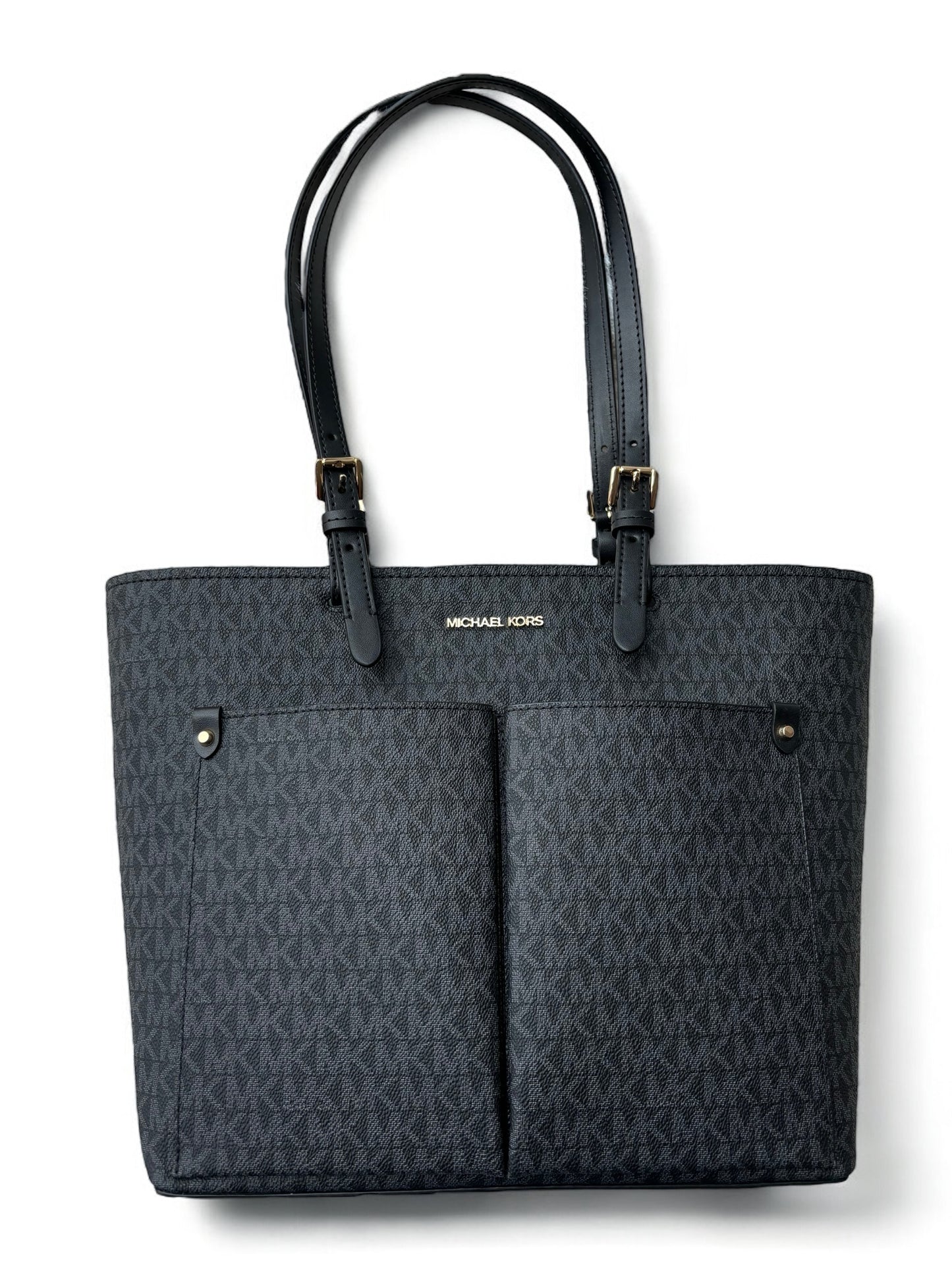 Tote Michael k negra con monogram y bolsas en frente