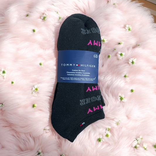 Tines Tommy H negros con letras rosas y gris 6 pares