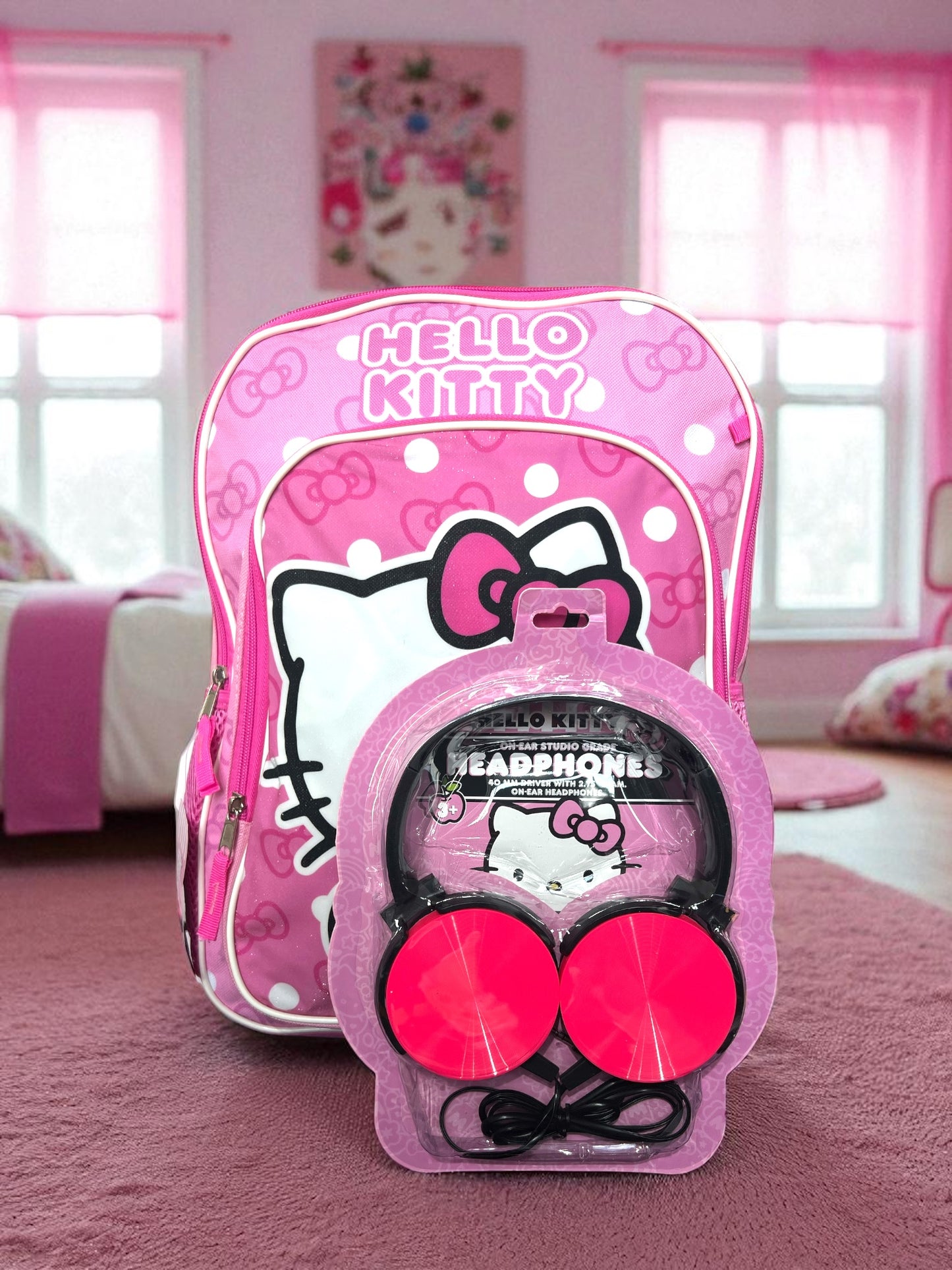 Backpack Hello Kitty rosa con audífonos