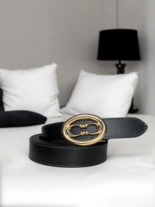 Cinturón Coach negro/vino, placa dorada reversible
