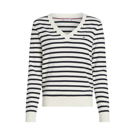 Suéter Tommy H crema, líneas delgadas azul marino, cuello u ve