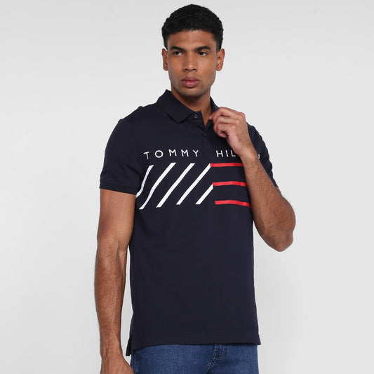 Playera Tommy H tipo polo azul marino líneas en pecho rojas/blancas para caballero