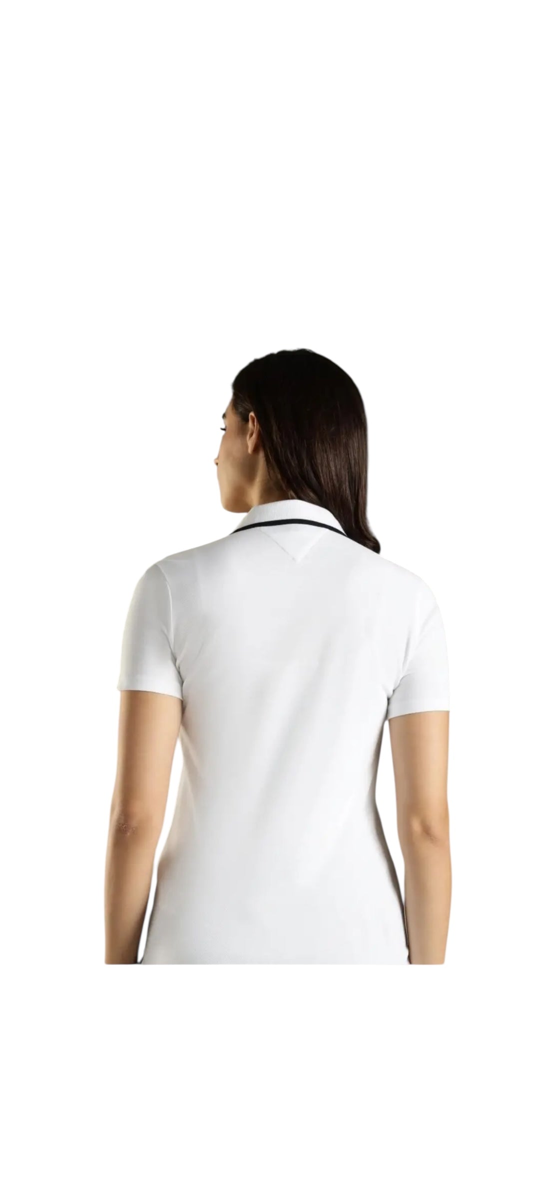 Playera Tommy H blanca tipo polo, línea diagonal azul marino y escudo