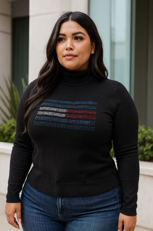 Suéter Tommy H negro con bandera de brillos