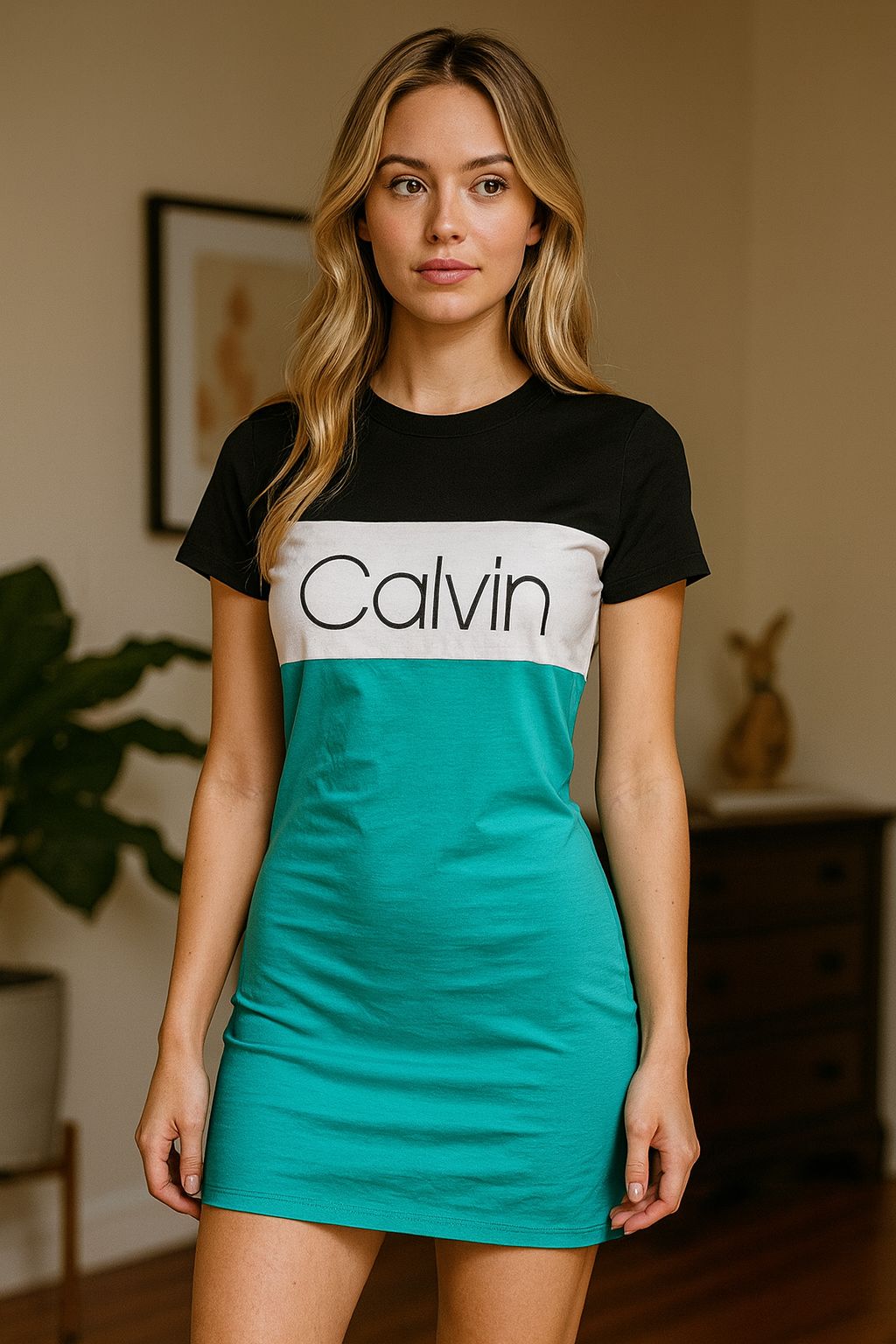 Vestido Calvin color verde con negro strap blanco