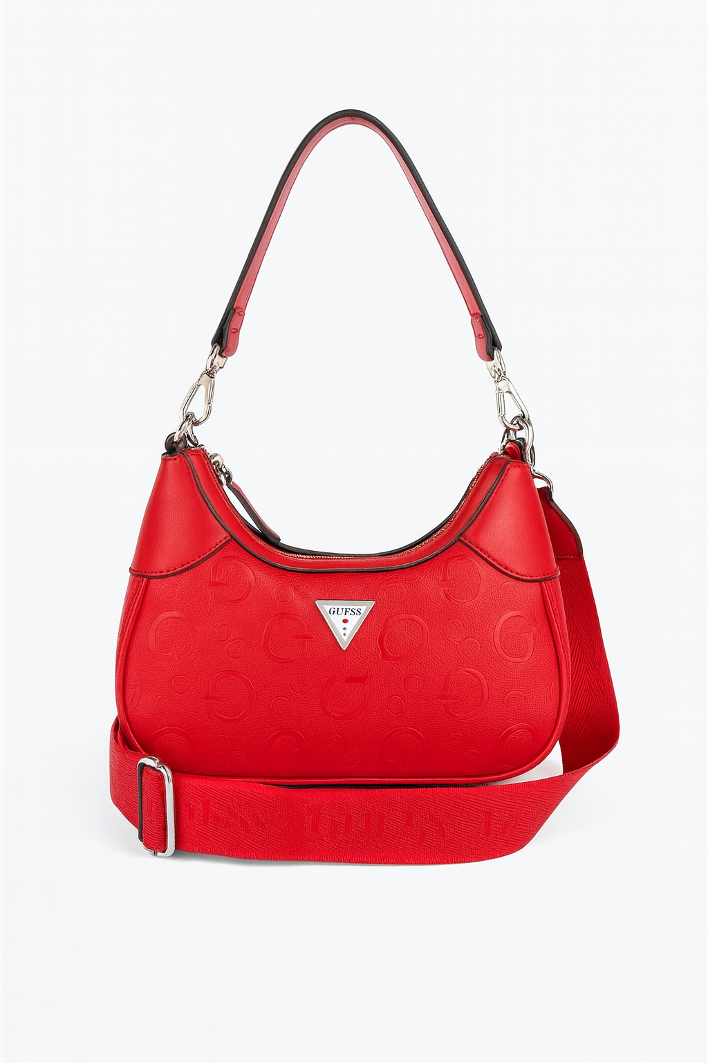 Crossbody/Hobo roja con monogram dos strap y placa plateada