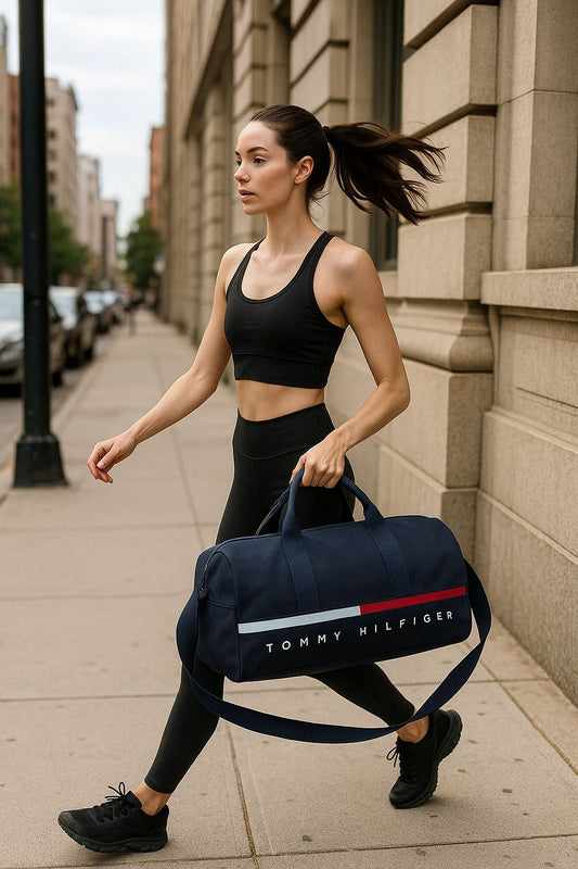 Maleta Tommy H pequeña azul marino  pequeña, línea delgada rojo/blanco con strap