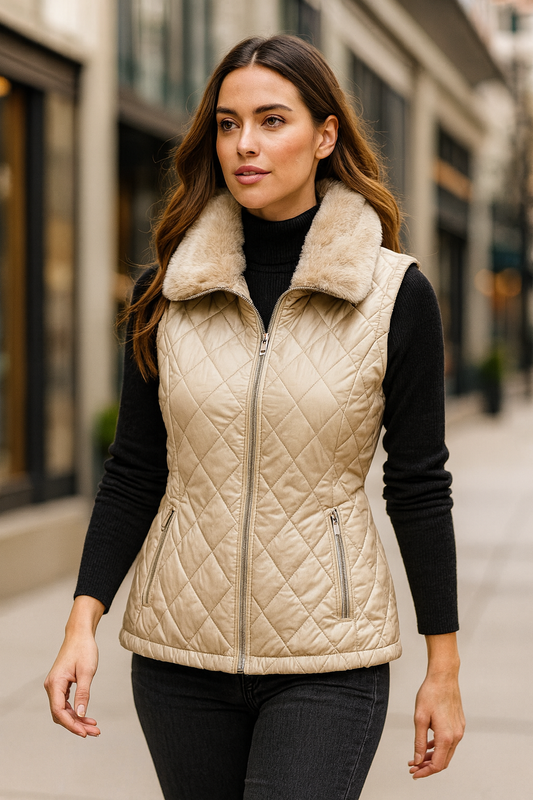 Chaleco Calvin K camel largo con peluche en cuello