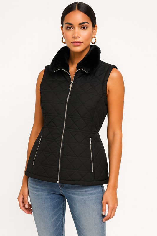 Chaleco Calvin K negro con peluche en el cuello