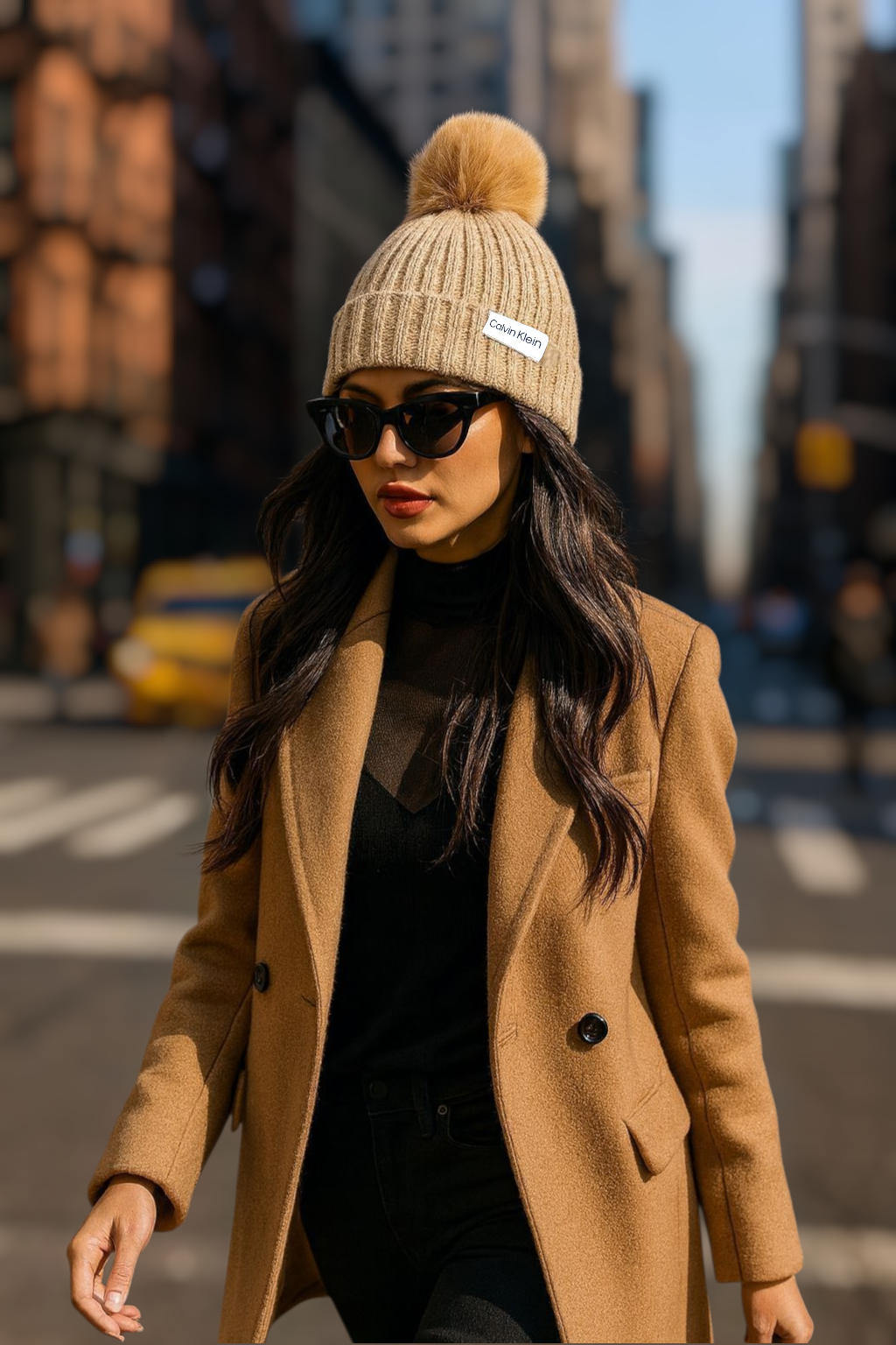 Gorro Calvin K camel con pompones
