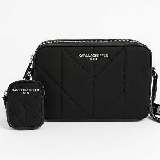 Crossbody Karl L con monedero de tela y strap blancos con negro