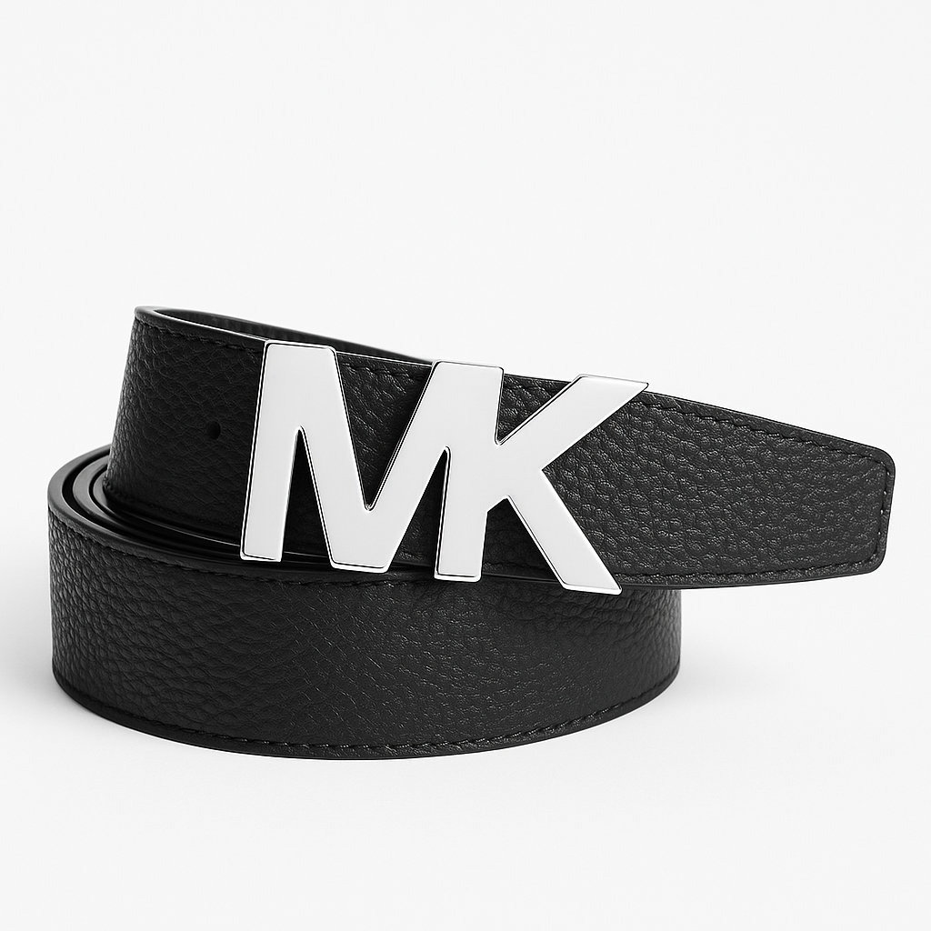 Cinturón Michael K negro con textura, hebilla MK plateada grande