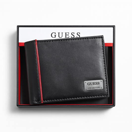 Cartera Guess negra con línea roja y placa negra