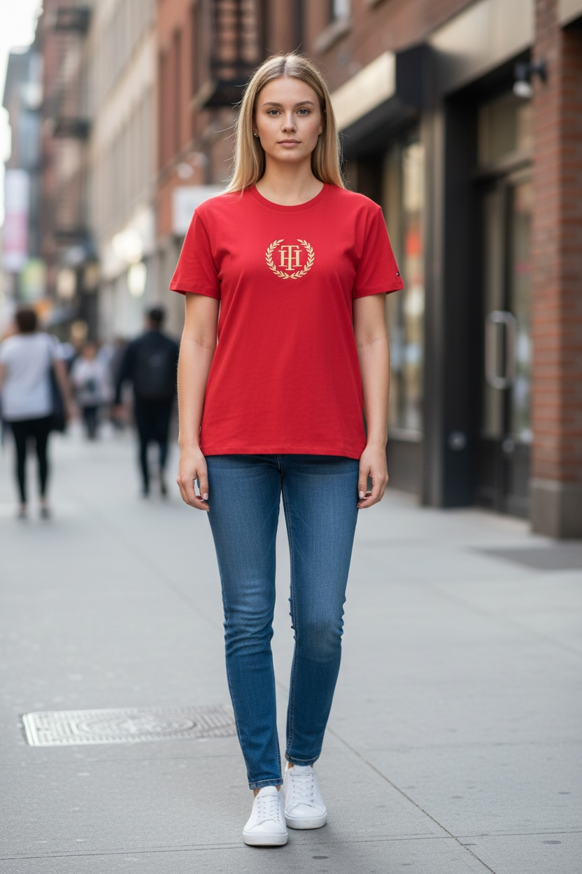 Playera Tommy H roja con guirnaldas doradas
