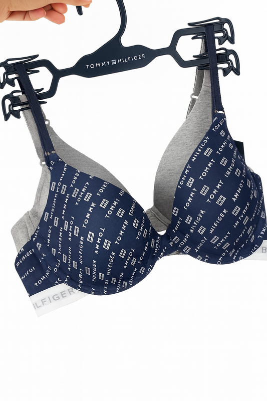 Brasier Tommy H azul/letras blancas, gris con resorte blanco