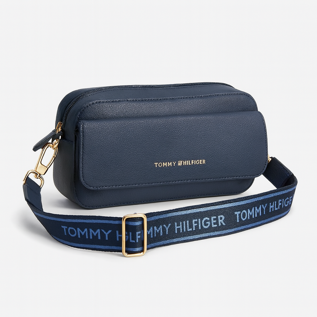 Crossbody Tommy H azul marino paca en letras doradas