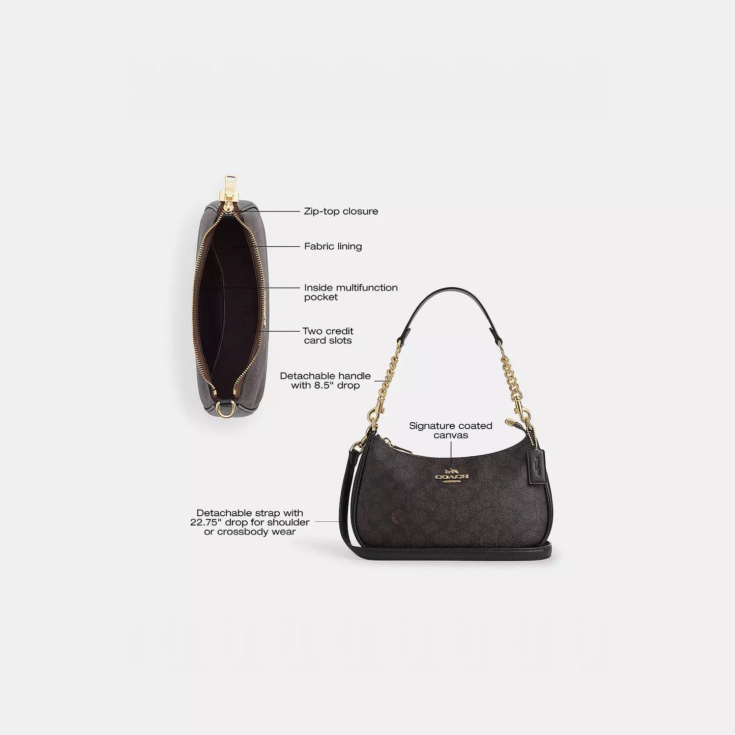 Crossbody/Hobo  Coach Shoulder chocolate con canvas negras, doble strap y placa dorada