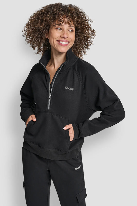 Sudadera DKNY negra, medio cierre letras de brillos