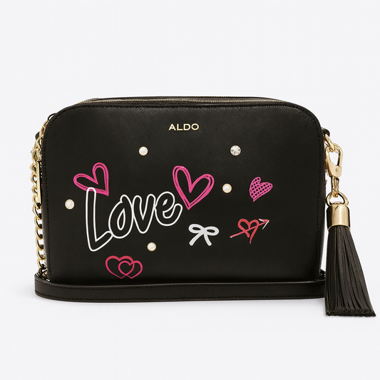 Crossbody Aldo negra doble cierre con corazones