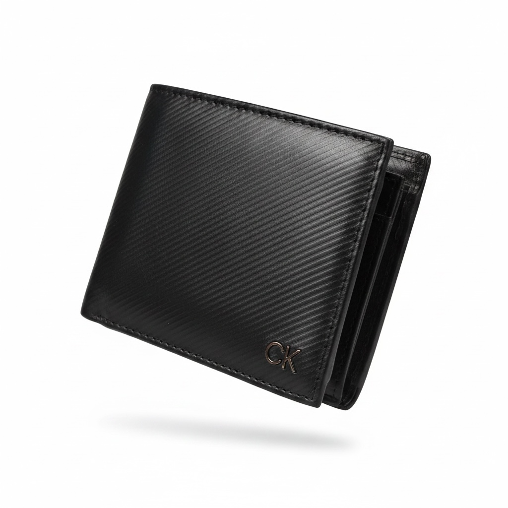 Cartera Calvin k negra, con placa plateada para caballero