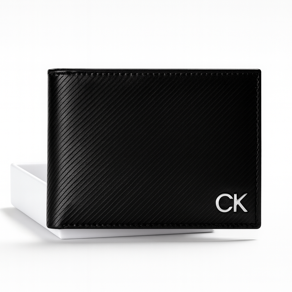 Cartera Calvin K negra con placa CK plateada