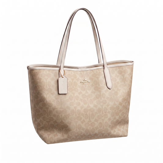 Tote Coach beige, toques en crema con canvas placa dorada